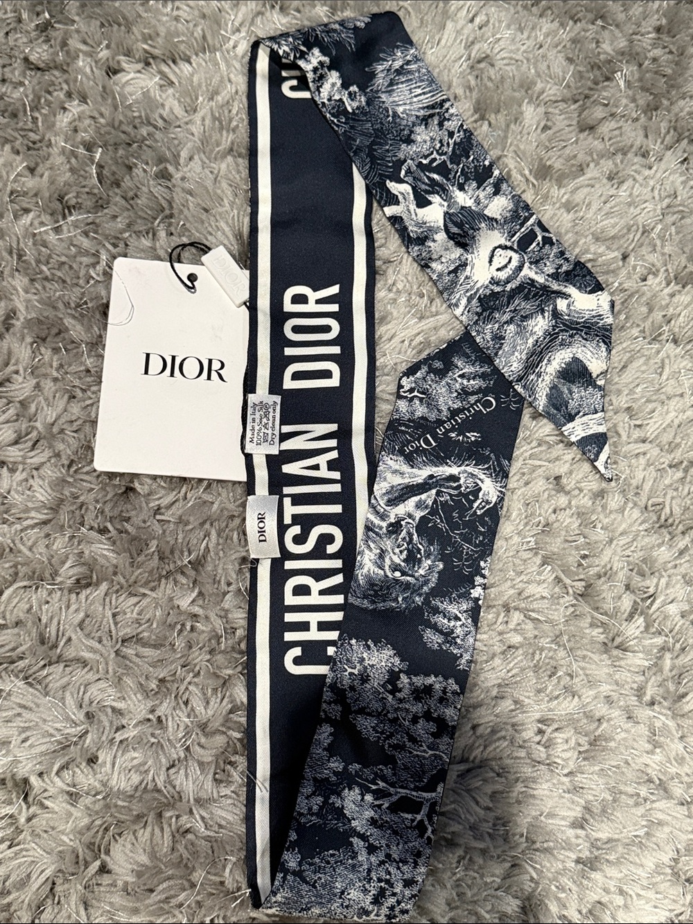 Dior Navy and White Christian Dior Logo Silk Skinny Scarf - Picture 2 of 4